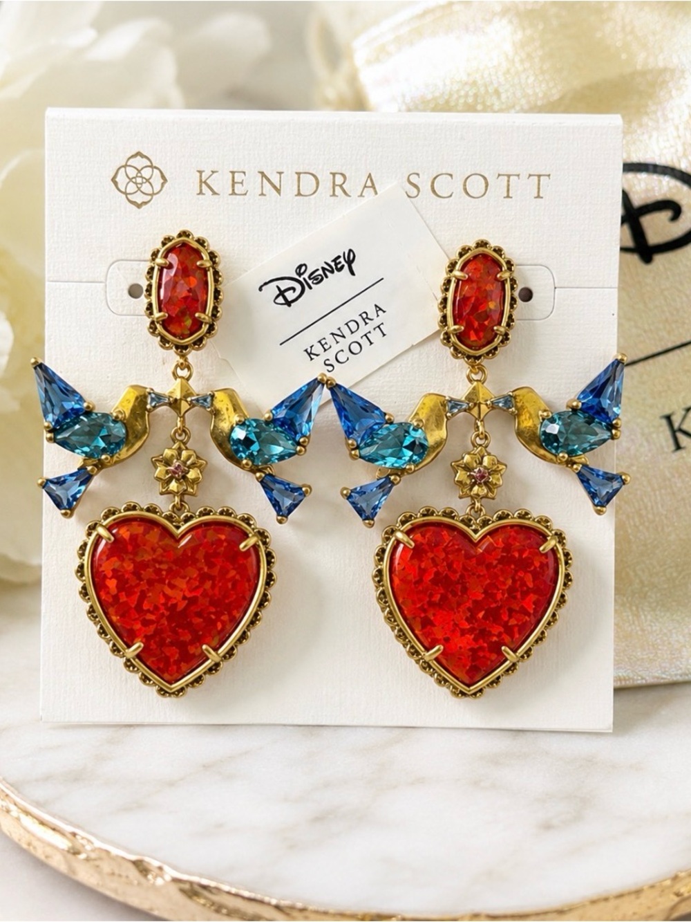 Disney x Kendra Scott Gold-tone Red Heart and Blue Bird Drop Earrings